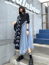 Shirt Stitching Net Gauze Platycodon Print Midi Dress