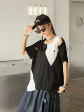 Round Neck Color Block Irregular Loose T-Shirt