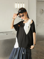 Round Neck Color Block Irregular Loose T-Shirt
