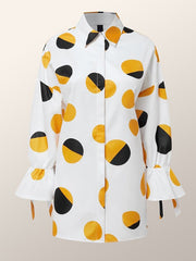 Long Sleeves Loose Contrast Color Polka Dot Printed Lapel Blouses