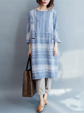 Blue Striped Linen Loose Long Dress