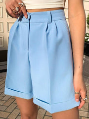 Women Pocket Zipper Button Solid Color Casual Shorts