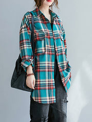 Women Plaid Lapel Printed Casual Shirt