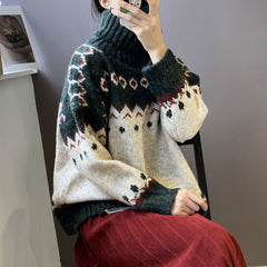 Women Loose Retro High Neck Thick Sweater