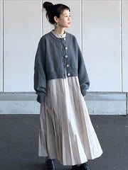 Solid Color Pleated Long Sleeve Dress