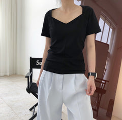 Women Casual Square Collar Solid Color Shor Sleeve T-Shirt