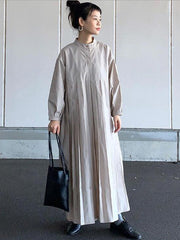 Solid Color Pleated Long Sleeve Dress