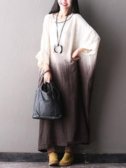 Batwing Slieeves Gradient Brown Cotton Long Dress