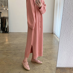 Loose Solid Knitted Split Hooded Midi Dress