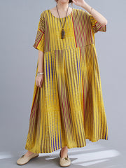 Women Striped Loose Print Short Sleeve Dress
