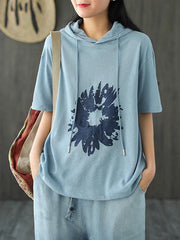 Loose Linen Print Hood Sweatshirt