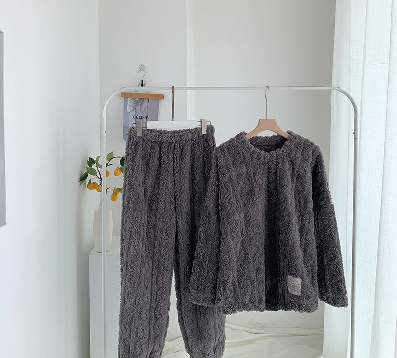 Casual Coral Fleece Jacquard Long Sleeve Top & Pants Pajamas Set
