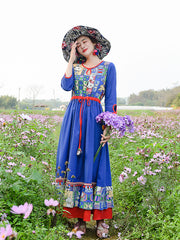 Retro Ethnic Round-Neck Half Sleeve Maxi Dress