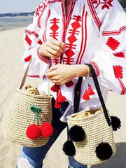 Cherry FurBall Pendant Straw Weaving Tote Bag