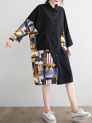 Original Cartoon Printed Round-Neck Shirt Dress