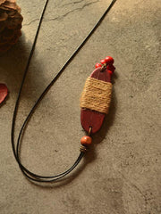Vintage Hemp Rope Leaves Red Bean Long Necklace