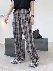 Women Retro Check Straight Leg Wide Leg Loose Casual Pants