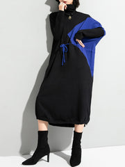 High Neck Knit Color Block Drawstring Midi Dress