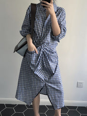 Retro Lapel Plaid Long Sleeve Midi Dress