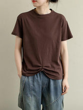 Loose Solid Pleated Casual Round Neck T-Shirt