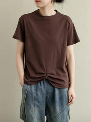Loose Solid Pleated Casual Round Neck T-Shirt
