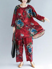 Loose Flower Print Round-neck T-shirt+Pants Suits