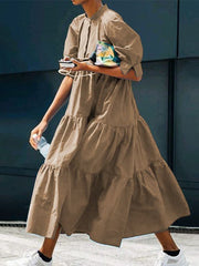 Solid Color Pleated Stand Collar Half Puff Sleeves Midi Dress