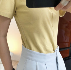 Women Casual Square Collar Solid Color Shor Sleeve T-Shirt