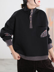 Half Button Collar Patch Embroidery Sweatshirt