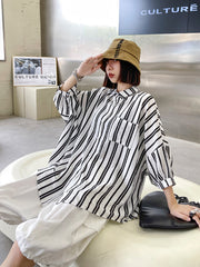 Half Sleeves Striped Loose Simple Blouse