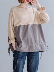 Loose Contrast Color Round Collar Falbala T-Shirt