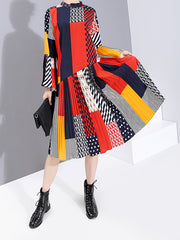 Women Retro Stitching Floral Stand Collar Dress