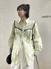 Loose Striped Lapel Collar Long Sleeve Shirt
