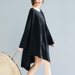 Round Neck Retro Solid Color Irregular Midi Dress