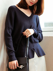 Women Loose Long Sleeve V-Neck Sweater