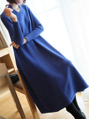 Plain V-Neck Knitting Midi Dress