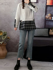 Women Plaid Stitching Slim Long Sleeve Sweatshirt