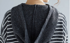 Women Loose Striped Lace Up Hooded Dress