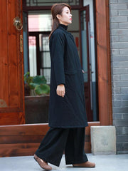 Casual National Linen Stand Collar Long Cotton-Padded Outwear