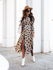 Long Sleeve Tie Button Printed Shirt Dress