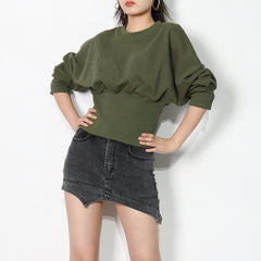 Simple Dark Green Round Neck Short Sweatshirt