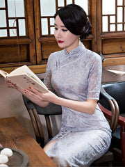 Pink&Gray Vintage Long  Cheongsam  Lace  Dress
