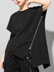 Cap Sleeve Roomy Asymmetric Pure Color Split-Side Zipper Round-Neck T-Shirts Tops