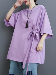 Loose Solid Color Bow-Embellished Half-Sleeve T-Shirt