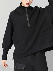 Zipper Batwing Sleeves Solid Sweatshirt