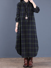 Lapel Plaid Long Sleeves Shirt Dress
