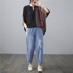 Retro See-Through Printed Half Sleeves Blouse