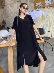 Original Solid Round-Neck Split-Side Dress