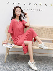 Loose Solid Short Sleeve Casual V-Neck Pajamas