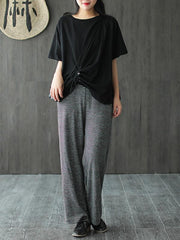 Solid Color Splicing Cropped Pleated T-Shirt